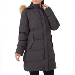 Elegant Charcoal Puffer Jacket with Faux Fur Trim